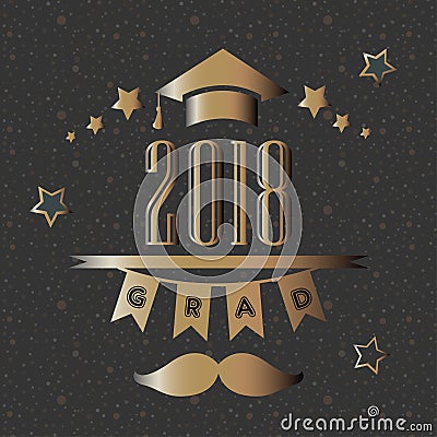 Grad of Class 2018 with mustache, graduation cap and stars in gold rich on festive background Stock Photo