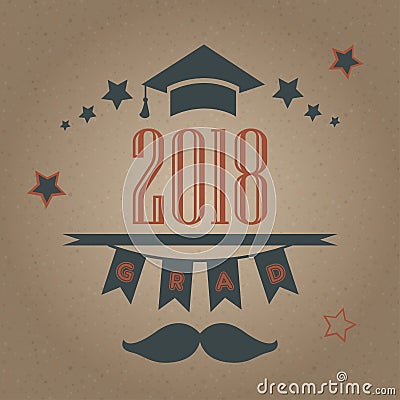 Grad of Class 2018 with mustache, graduation cap and stars. Retro Style Collection. Festive bubbly background Stock Photo