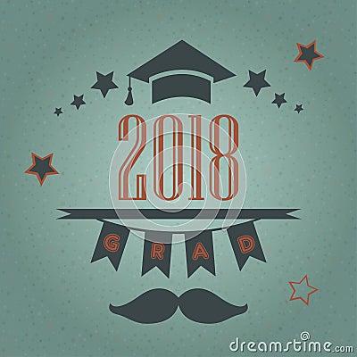 Grad of Class 2018 with mustache, graduation cap and stars. Retro Style Collection. Festive bubbly background Stock Photo