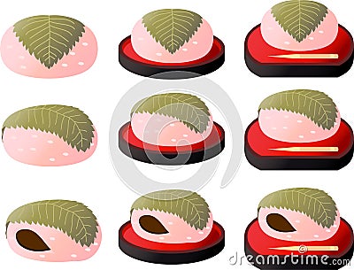 Gradation Bean paste rice cake wrapped in a cherry leaf set Vector Illustration
