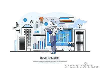 Grade real estate business valuation appraisal service concept. Inspector doing property appraisal. Real estate valuation, Vector Illustration