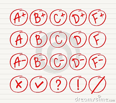 Grade results set. Hand drawn vector grade in red circle. Test exam mark report Vector Illustration