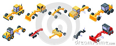 Grader machine icons set, isometric style Vector Illustration