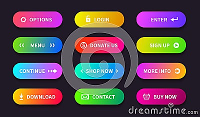 Gradient action button. Shop download banner, flat oval interface, web ui navigation buttons. Vector mobile game app Vector Illustration