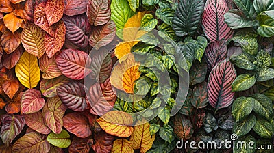 Gradient Array of Leaves Displaying Autumn Colors From Green to Red Stock Photo