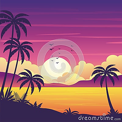 Gradient Sunset Beach with silhouette of palm trees. Beautiful Summer landscape background Stock Photo