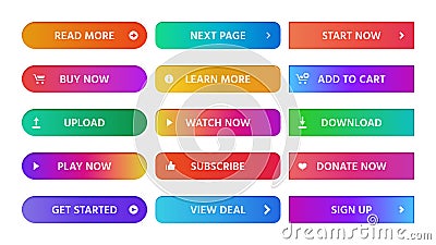Gradient buttons. Rectangular next page button, read more and add to cart icon colorful gradients web isolated vector set Stock Photo
