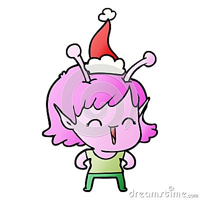 gradient cartoon of a alien girl laughing wearing santa hat Vector Illustration