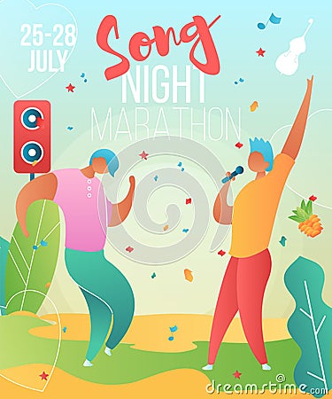 Gradient cartoon flat characters musical band singer,man dancing-holiday summer music fest,open air,party-banner flyer poster Stock Photo