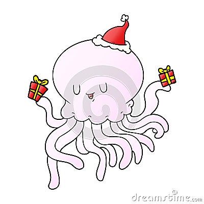 gradient cartoon of a jellyfish in love wearing santa hat Vector Illustration