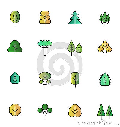 Gradient color flat line trees folliage set. Vector Illustration