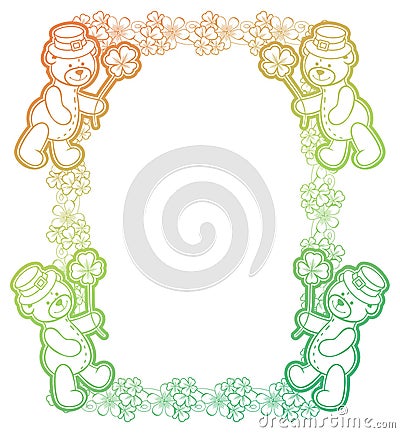 Gradient frame with shamrock and cute teddy bear. Raster clip art. Stock Photo