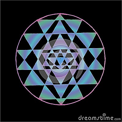 Color illustration of Shri Yantra. Triangles and concentration background. Tattoo idea. Vector Illustration