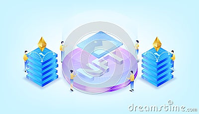 Gradient isometric nft machine. Crypto art Non fungible token machine illustration. Cryptocurrency Ethereum. Woman and man manage Vector Illustration