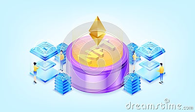 Gradient isometric nft machine. Crypto art Non fungible token machine illustration. Cryptocurrency Ethereum. Woman and man manage Vector Illustration