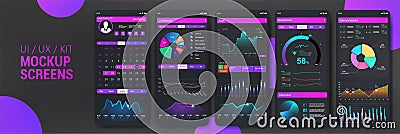 Gradient mobile application mockup. UI, UX, KIT smartphones app screens design. Modern infographic, pie charts, diagrams Vector Illustration