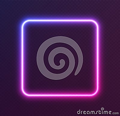 Gradient neon square, blue-pink glowing border isolated on a dark background. Colorful night banner Vector Illustration