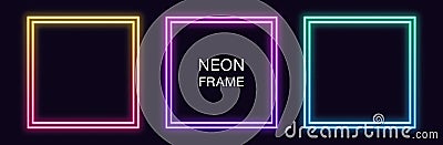 Gradient neon square Frame. Vector set of quadrate neon Border with double outline Vector Illustration