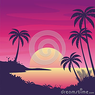 Gradient Sunset Beach with silhouette of palm trees. Beautiful Summer landscape background Stock Photo