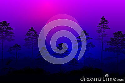 Forest in the night view, with moon, trees and purple and blue sky Cartoon Illustration