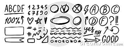 Grading hand drawn doodle set elements for school. Knowledge testing marks. grades results, frame accent line, plus and Vector Illustration