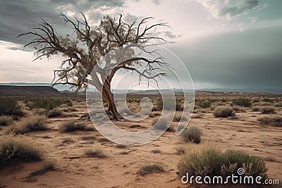 Gradually withering, expansive single tree grappling with harsh arid environment. Generative AI Stock Photo