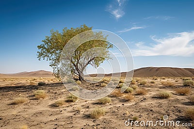 Gradually withering, expansive single tree grappling with harsh arid environment. Generative AI Stock Photo