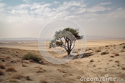 Gradually withering, expansive single tree grappling with harsh arid environment. Generative AI Stock Photo
