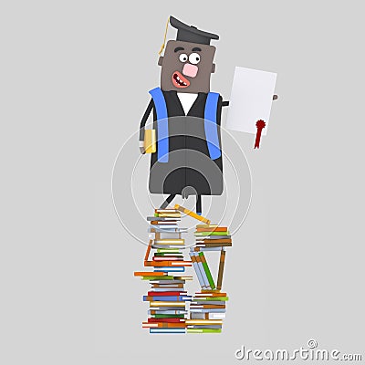 Graduate balck boy with diploma paper on a mountain of books Stock Photo