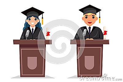 Graduate boy and girl solemn tribune speech character flat design vector illustration Vector Illustration