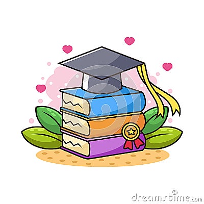 Graduate Cap with Books and Leaf Cartoon. Education Logo. Academic University Vector Icon Illustration Vector Illustration