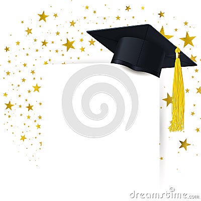 Graduate Cap with Diploma on a Background of a Gold Stars Vector Illustration