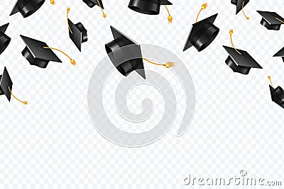 Graduate caps flying. Black academic hats in air. Education isolated vector concept Vector Illustration