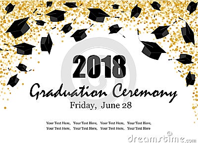 Graduate caps and the gold confetti banner Vector Illustration