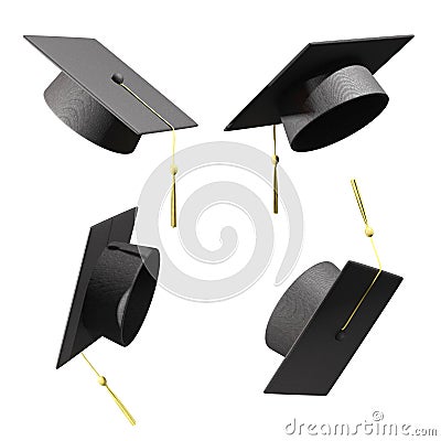 Graduate Caps thrown up, clipping path Stock Photo