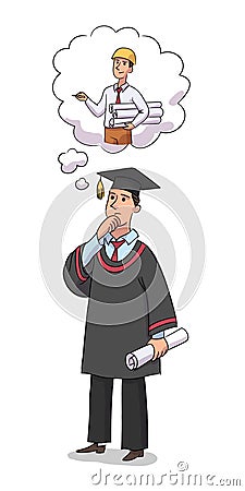 Graduate chooses profession. Young man in graduation form thinking, choosing future career isolated person. Guy will be Vector Illustration