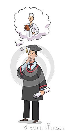 Graduate chooses profession. Young man in graduation form thinking, choosing future career isolated person. Guy will be Vector Illustration