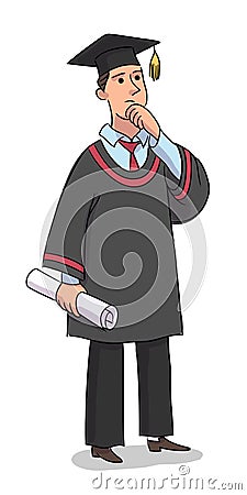 Graduate chooses profession. Young man student in graduation form and hat thinking, choosing future career. Expression Vector Illustration