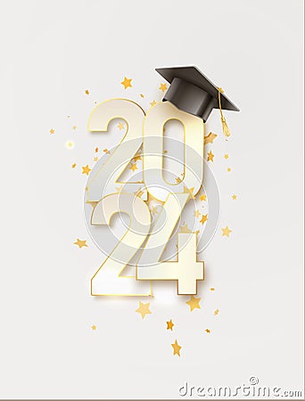 2024 Graduate college, high school or university cap with gold Congrats Class of 2024 background. Vector Vector Illustration