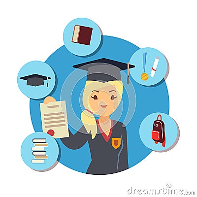 Graduate concept with student girl and school accessorises elemens Vector Illustration