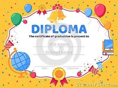 Graduate diploma. School graduation, graduates congratulations and preschool kid or kindergarten certificate vector Vector Illustration