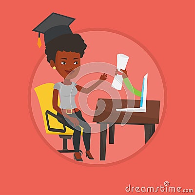 Graduate getting diploma from the computer. Vector Illustration