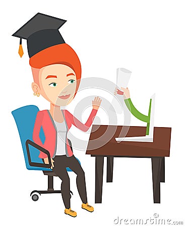 Graduate getting diploma from the computer. Vector Illustration