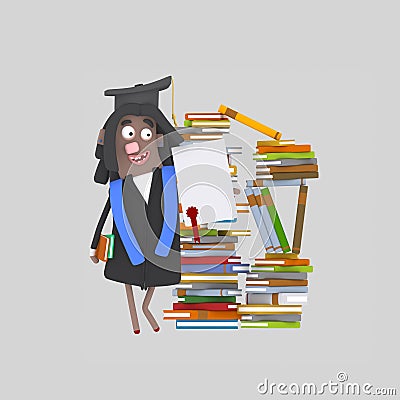 Graduate girl with diploma paper in front of books mountain Stock Photo