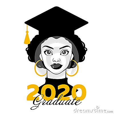 Graduate 2020. Graduation 2020. Senior 2020. Class of 2020. Black woman. Ð’lack girl in a graduation cap. College graduation. High Vector Illustration