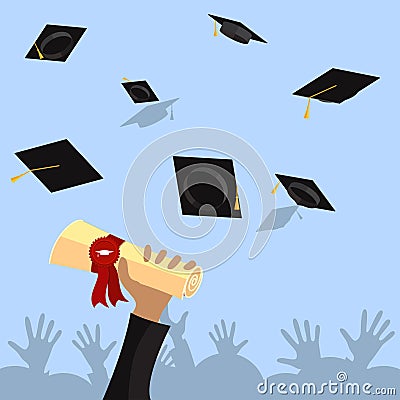 Graduate hand holds diploma with ribbon and stamp Vector flat illustration Vector Illustration