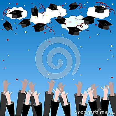 Graduate Hands Throwing Up Graduation Hats. Graduation Background with Place for Text. Graduation Caps in the Air. Stock Photo