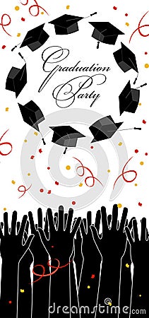 Graduate Hands Throwing Up Graduation Hats. Graduation Card with Place for Text. Vector Illustration