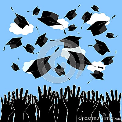 Graduate Hands Throwing Up Graduation Hats. Graduation Ceremony background Vector Illustration