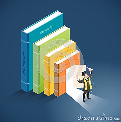 Graduate have diploma roll standing in front of the door of book. Vector isometric illustration Vector Illustration